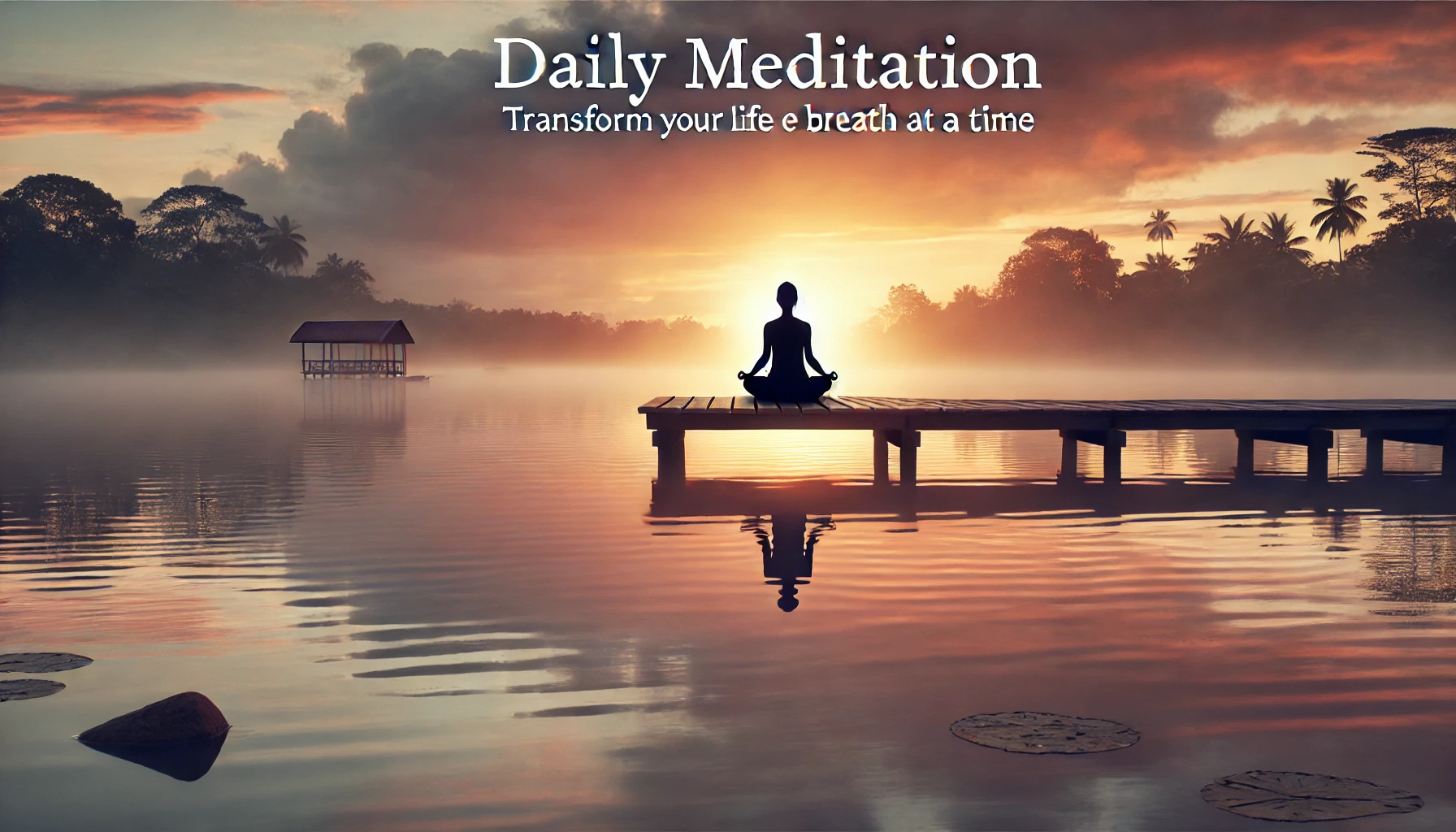 Banner showing a tranquil sunrise over a peaceful lake with a person meditating on a wooden dock, symbolizing the serenity and benefits of daily meditation