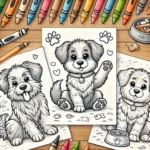 Three dog coloring pages featuring different playful dog illustrations surrounded by crayons, a dog collar, and paw prints, ideal for children's coloring activities