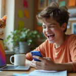 Person laughing hysterically while looking at a smartphone, with a cute ginger cat sitting beside a laptop on a desk.