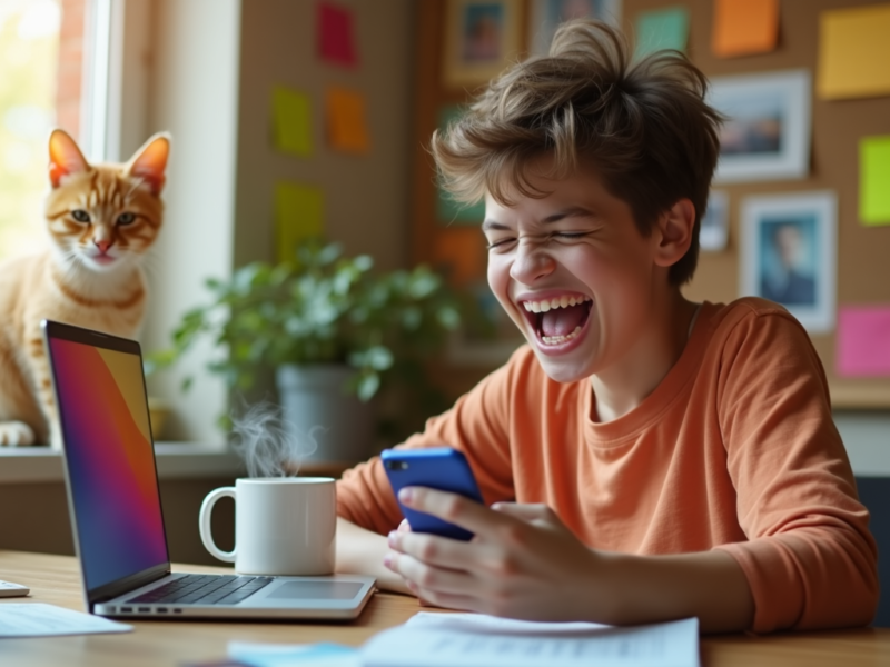 Person laughing hysterically while looking at a smartphone, with a cute ginger cat sitting beside a laptop on a desk.