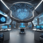 A high-tech futuristic command center with advanced computer systems and a holographic interface on the ceiling, showcasing a digital network design