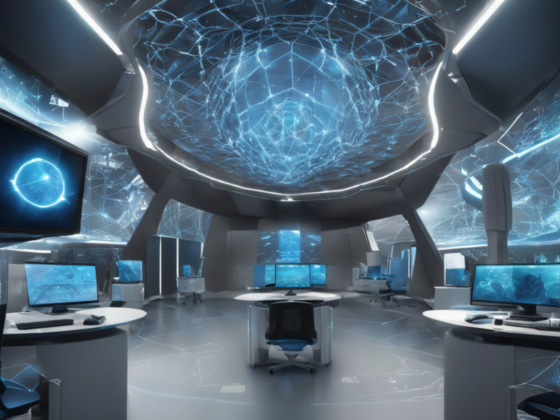 A high-tech futuristic command center with advanced computer systems and a holographic interface on the ceiling, showcasing a digital network design