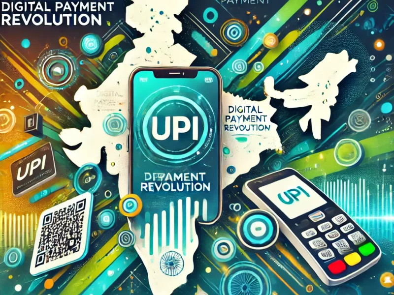 A vibrant banner showcasing India's digital payment revolution with smartphones displaying UPI apps, QR codes, and digital wallets against a futuristic map of India with glowing technology graphics.