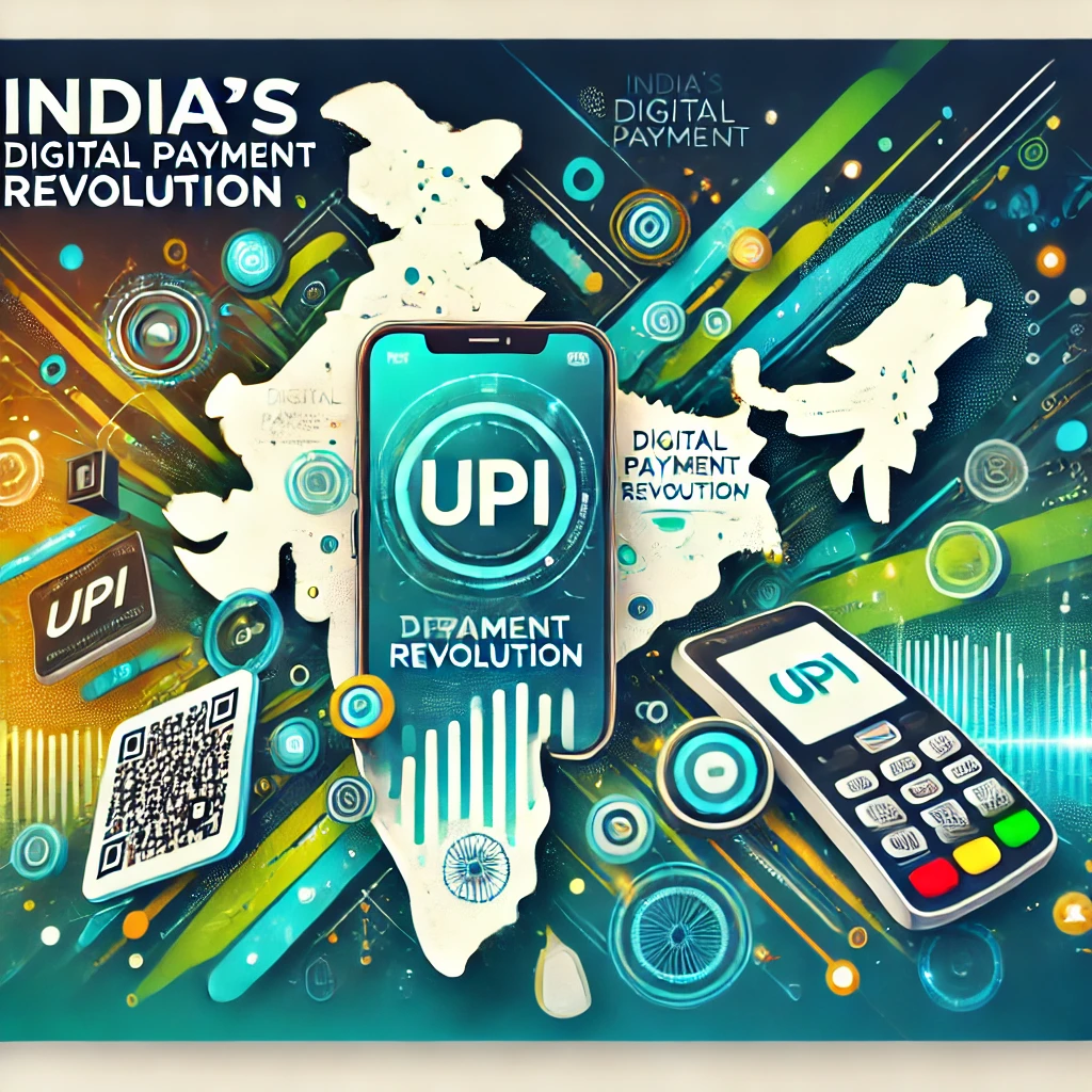 A vibrant banner showcasing India's digital payment revolution with smartphones displaying UPI apps, QR codes, and digital wallets against a futuristic map of India with glowing technology graphics.