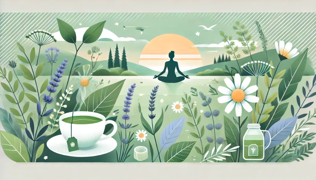 A serene banner featuring a peaceful sunrise, green herbs like chamomile and lavender, a cup of herbal tea, and gentle yoga poses, symbolizing natural remedies for stress relief.