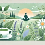 A serene banner featuring a peaceful sunrise, green herbs like chamomile and lavender, a cup of herbal tea, and gentle yoga poses, symbolizing natural remedies for stress relief.