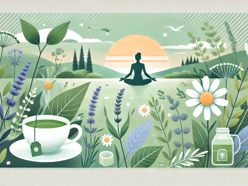 A serene banner featuring a peaceful sunrise, green herbs like chamomile and lavender, a cup of herbal tea, and gentle yoga poses, symbolizing natural remedies for stress relief.