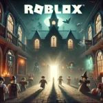 Banner featuring a dark and eerie atmosphere with a haunted mansion, ghostly figures, and Roblox avatars in spooky outfits for an article on Roblox horror games.