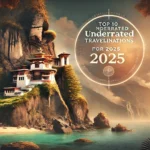 A visually captivating banner showcasing a tropical beach in the Albanian Riviera, the Tiger’s Nest Monastery in Bhutan, and the dramatic cliffs of the Faroe Islands with a cascading waterfall, titled 'Top 10 Underrated Travel Destinations for 2025