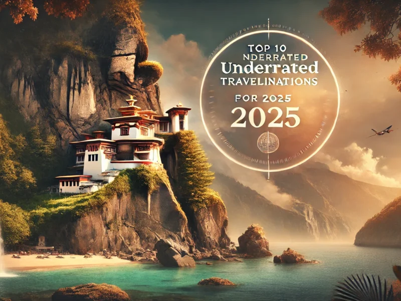 A visually captivating banner showcasing a tropical beach in the Albanian Riviera, the Tiger’s Nest Monastery in Bhutan, and the dramatic cliffs of the Faroe Islands with a cascading waterfall, titled 'Top 10 Underrated Travel Destinations for 2025