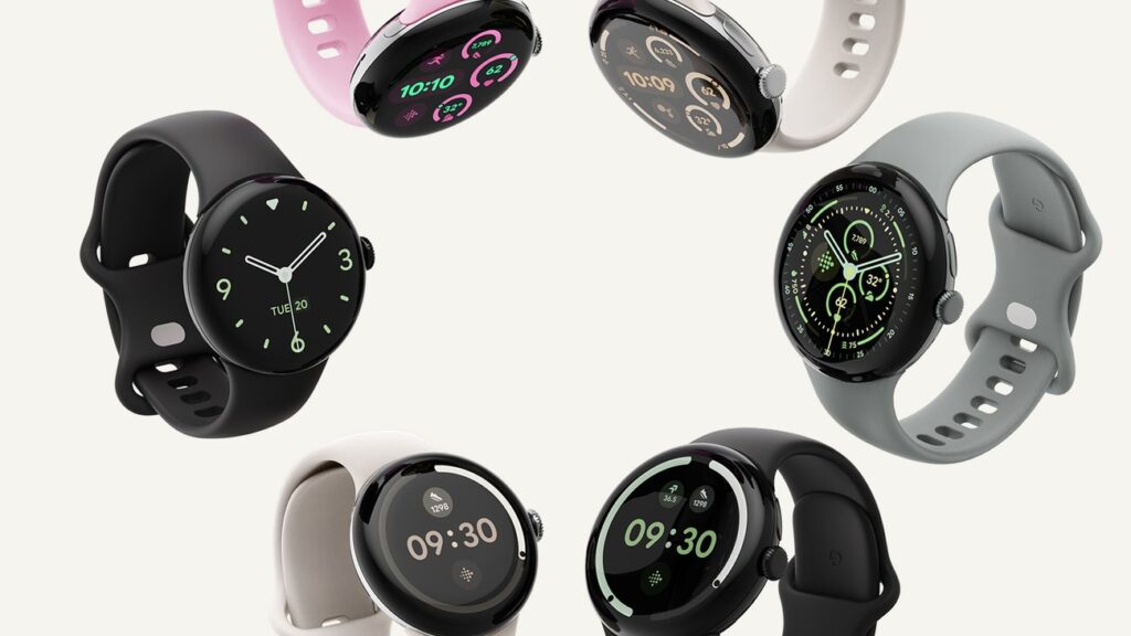 Multiple Google Pixel Watch 3 models displayed in different colors and watch faces