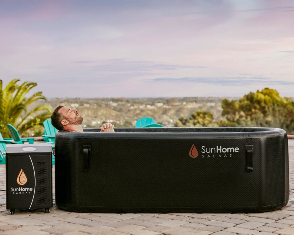 A compact and portable cold plunge tub by Sun Home, ideal for travel or use in different locations.