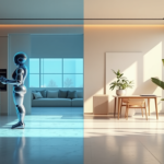 A futuristic kitchen and living room interior with a sleek, humanoid robot standing in the kitchen area