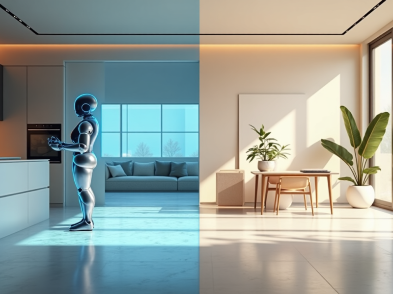 A futuristic kitchen and living room interior with a sleek, humanoid robot standing in the kitchen area