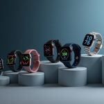 A collection of fitness watches with different colors and styles displayed on a table