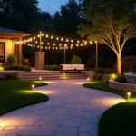 A beautifully lit outdoor garden with powerful solar lights illuminating the pathway and surrounding greenery.