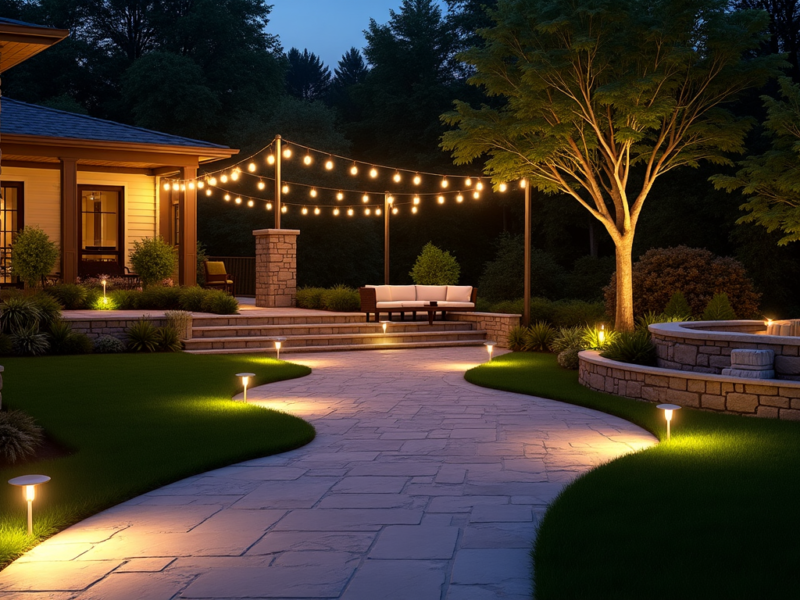 A beautifully lit outdoor garden with powerful solar lights illuminating the pathway and surrounding greenery.