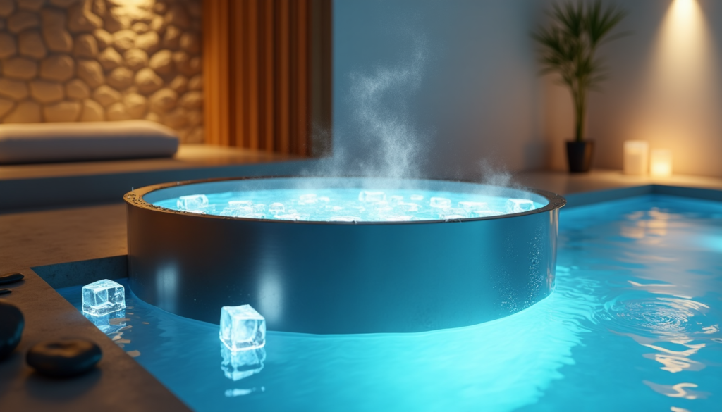 A round, stainless steel tub filled with water and ice cubes, illuminated by blue light