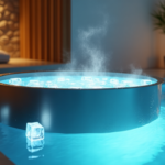 A round, stainless steel tub filled with water and ice cubes, illuminated by blue light