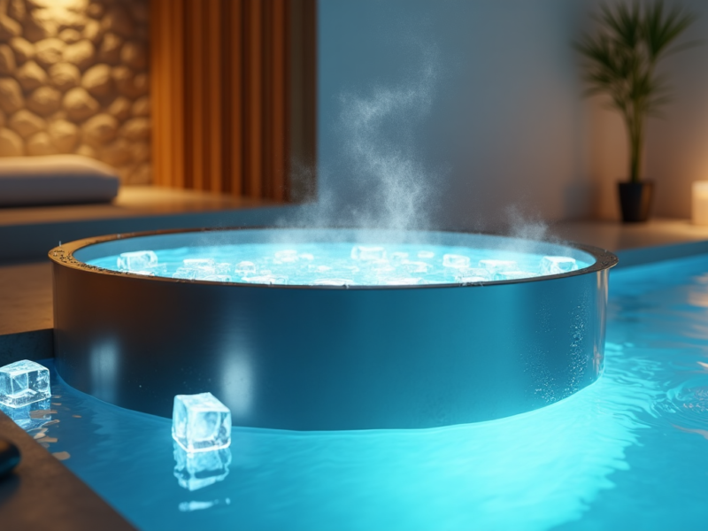 A round, stainless steel tub filled with water and ice cubes, illuminated by blue light