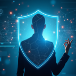 A silhouette of a person standing behind a glowing shield, with digital data and security icons surrounding them