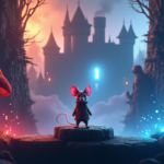 A whimsical illustration of a small mouse standing in a mystical forest, with a glowing castle in the distance