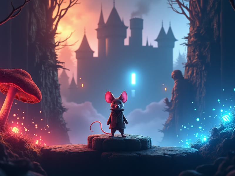 A whimsical illustration of a small mouse standing in a mystical forest, with a glowing castle in the distance