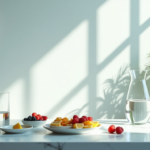 A bright kitchen scene with fresh fruits, a glass of water, and a clock on the wall, symbolizing intermittent fasting.