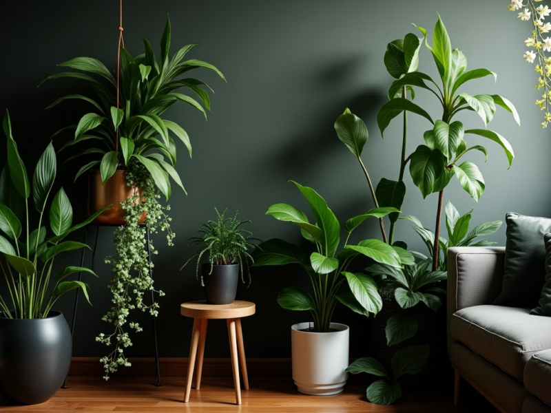 A cozy indoor space with various low-light houseplants, including peace lilies, dracaena, and pothos, thriving in dim lighting.