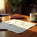 A cozy study scene with a partially completed crossword puzzle, a steaming cup of coffee, reading glasses, and a pencil on a wooden desk.