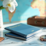 A passport, compass, and travel accessories on a table, symbolizing travel planning and the importance of international travel insurance.