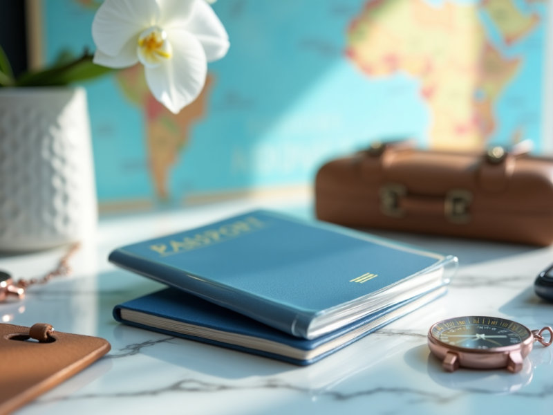 A passport, compass, and travel accessories on a table, symbolizing travel planning and the importance of international travel insurance.