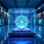 A futuristic quantum computer in a high-tech lab, featuring a glowing blue holographic interface.