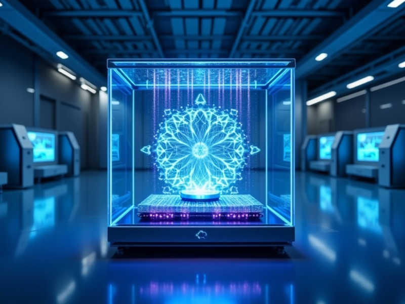 A futuristic quantum computer in a high-tech lab, featuring a glowing blue holographic interface.