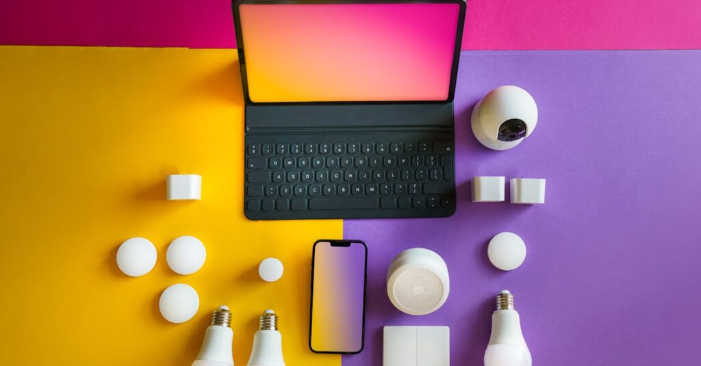 A modern tablet with a keyboard, a smartphone, smart light bulbs, security cameras, and other smart home devices arranged on a colorful background