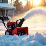 Powerful snow blower effortlessly removing deep snow from a residential driveway.