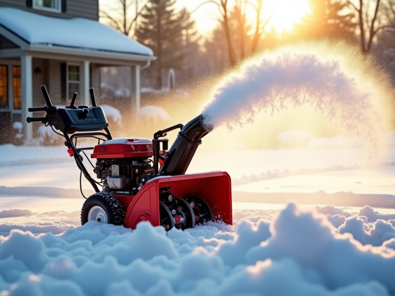 Powerful snow blower effortlessly removing deep snow from a residential driveway.