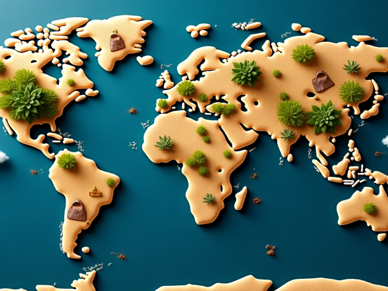 A whimsical world map made of cookies, featuring 17 underrated countries to visit in 2025.