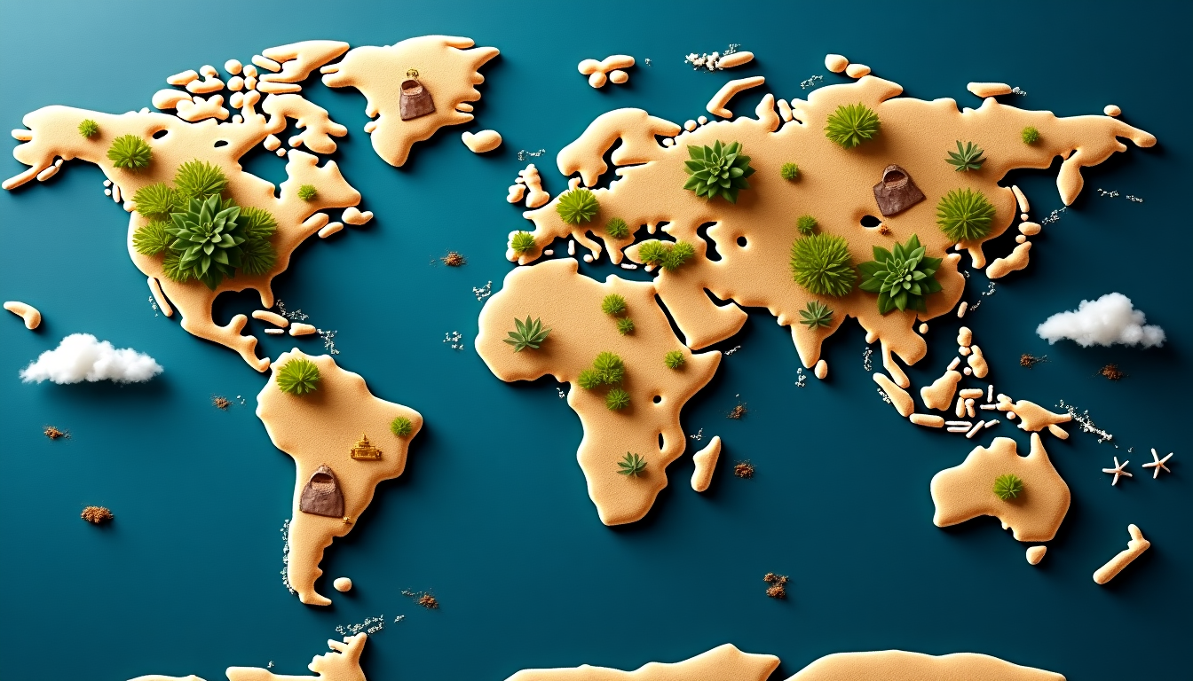 A whimsical world map made of cookies, featuring 17 underrated countries to visit in 2025.