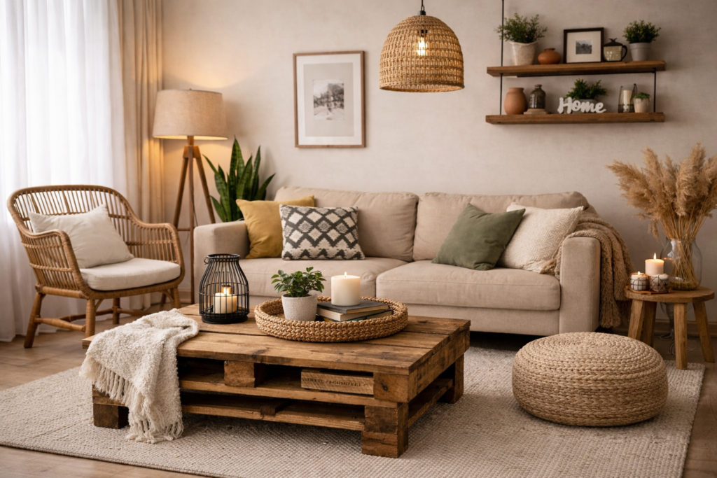 Calm, neutral living room with warm lighting, textured fabrics, and natural wood furniture.