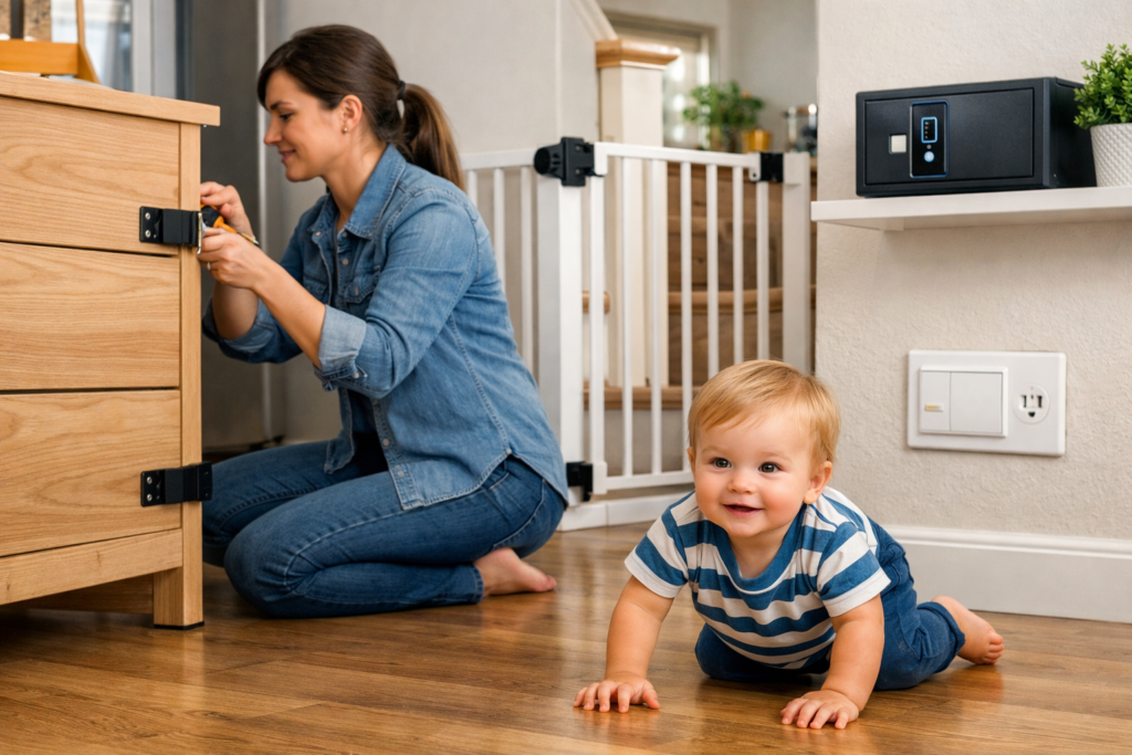 Bright, realistic interior of a child-proofed home showing anchored furniture, safety gate on stairs, sliding outlet covers, secured cabinets, and a crawling toddler exploring safely