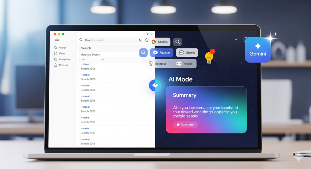 Split-screen illustration comparing the classic Google Search link list with the new colorful Gemini AI Mode and Tab Organizer interface on a modern laptop