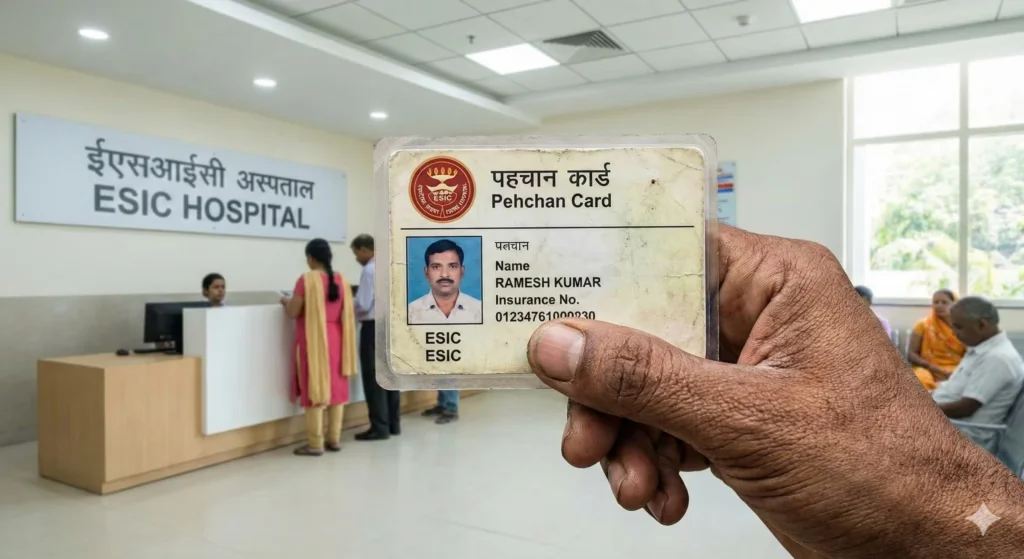 Indian worker holding ESI Pehchan card in front of ESIC hospital.